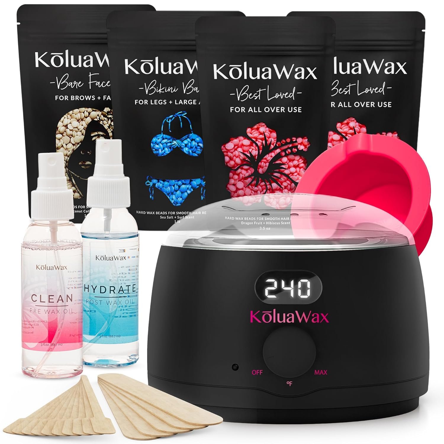 KoluaWax Premium Waxing Kit for Women – Beginner Friendly – Complete Wax Kit that includes 14oz of Wax Beads, Applicator, Pre and Post Care, Suitable for Sensitive Skin (Black) – Mothers Day Gifts