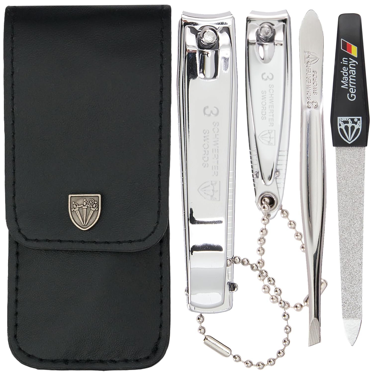 3 Swords Germany – Brand Quality 4 Piece Manicure Pedicure Grooming kit Set for Professional Finger & Toe Nail Care Tweezers File Clipper Fashion Leather case in Gift Box, Made by 3 Swords (77211)