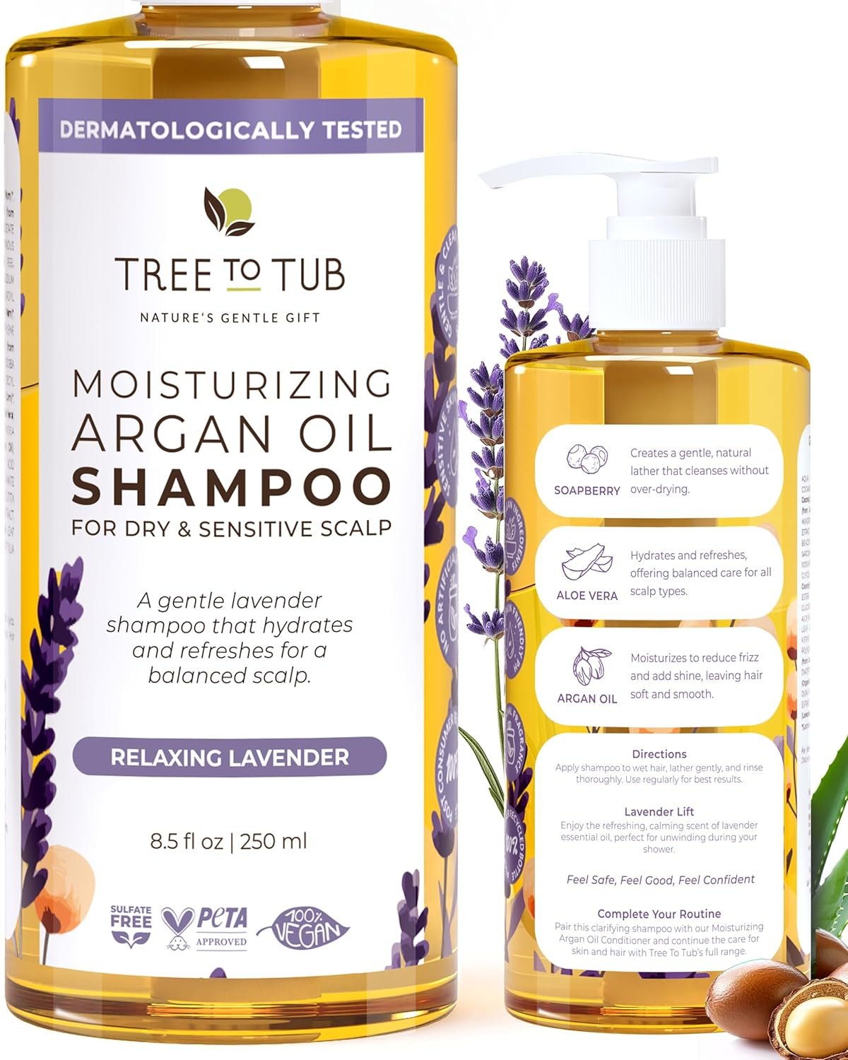Tree To Tub Lavender Dry Hair Shampoo for Sensitive Scalp – Gentle Hydrating Dry Scalp Shampoo for Women & Men, Moisturizing Sulfate Free Shampoo w/Organic Argan Oil, Chamomile, All Natural Aloe Vera
