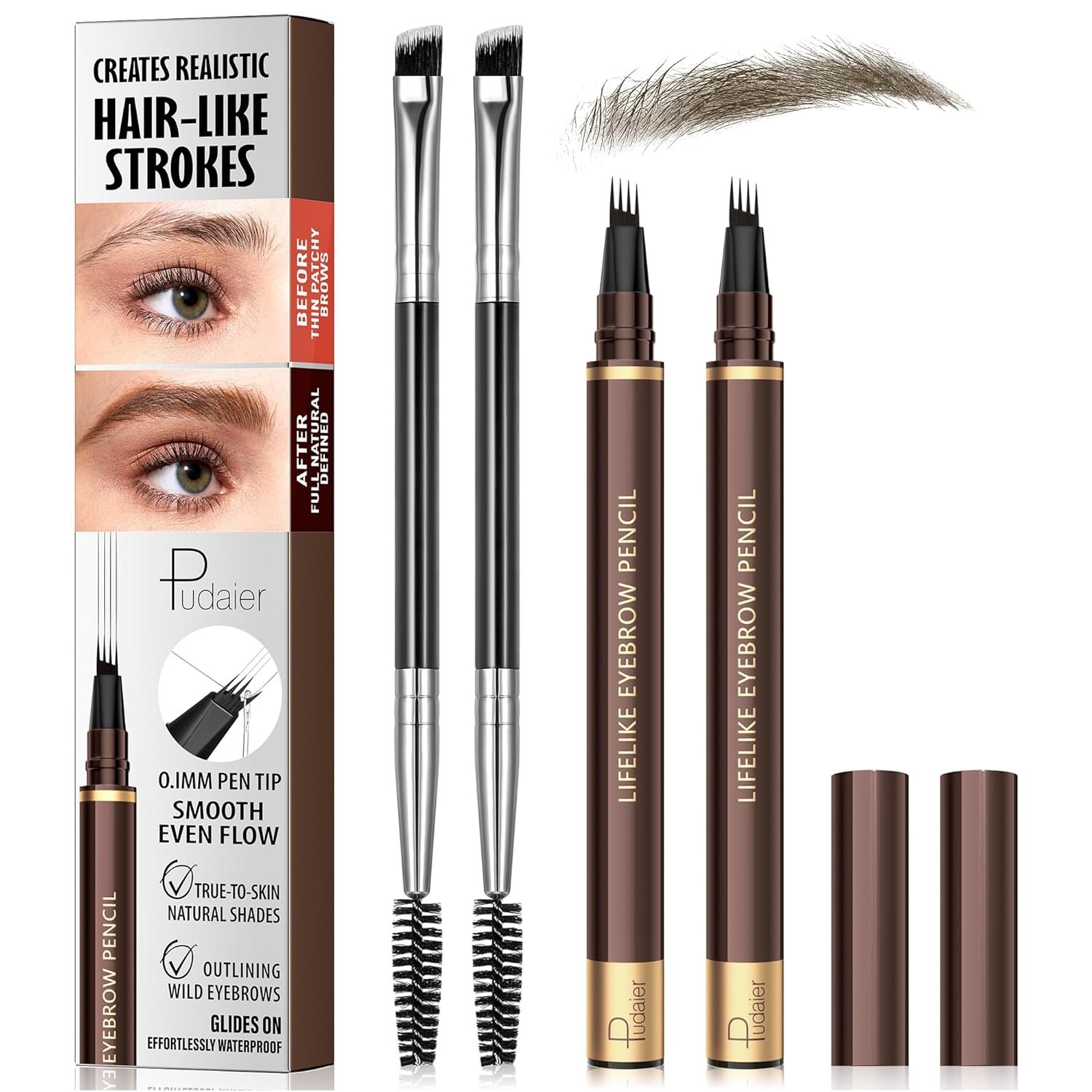 2 Pack 4-Tip Microblading Eyebrow Pen with 2 Brow Brushes, Waterproof Vegan Formula Eyebrow Pencils for Women to Effortlessly Create Natural Hair-Like Strokes, All-Day Wear, Medium Brown