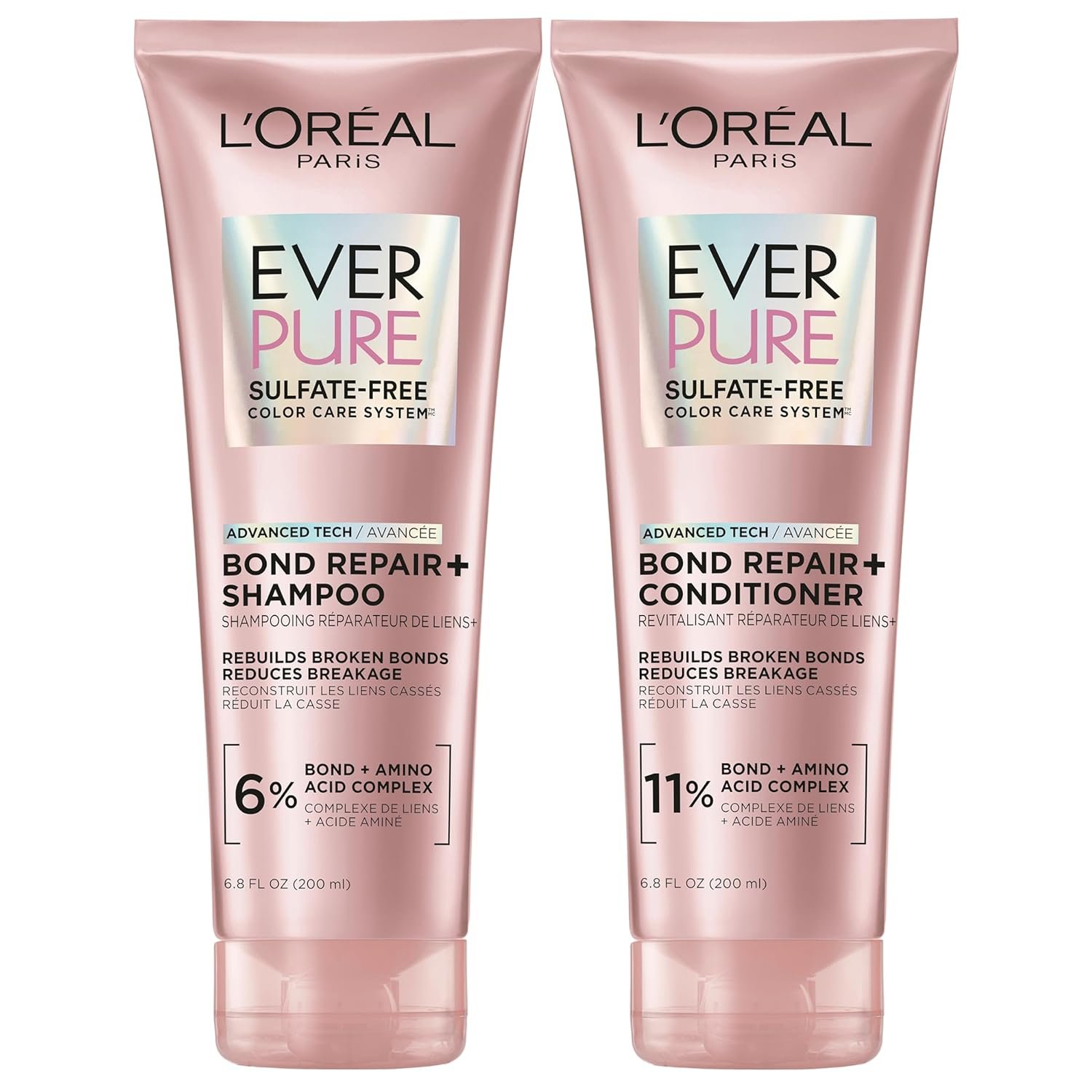 L’Oreal Paris Sulfate Free Bond Repair+ Shampoo and Conditioner Set with Bond + Amino Acid Complex, Strengthens and Repairs Damaged or Color Treated Hair, EverPure, 13.6 Fl Oz Set (Packaging May Vary)