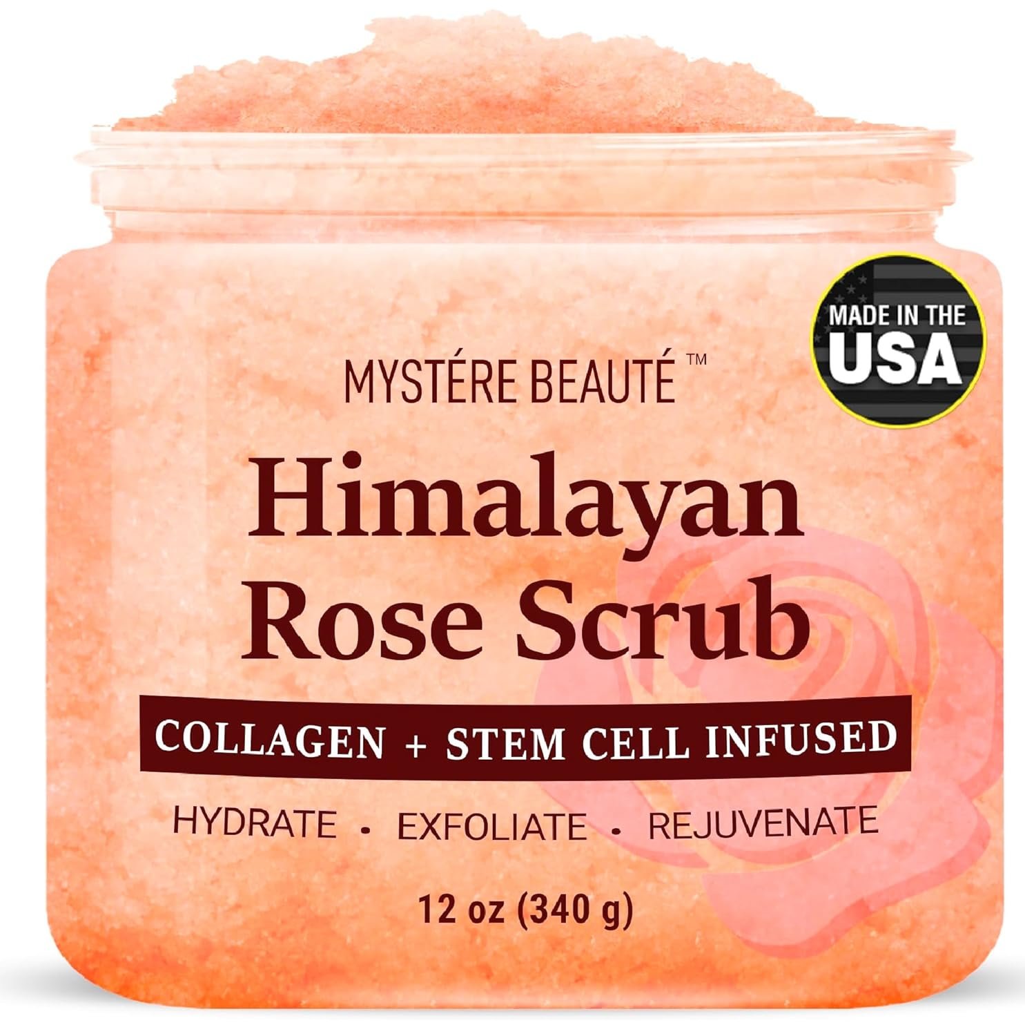 MYSTÉRE BEAUTÉ Himalayan Salt Body Scrub with Collagen & Rose Oil (12 oz) – Exfoliating Scrub for Cellulite, Acne, Scars & Stretch Marks – Deep Cleansing & Moisturizing – Natural Skin Care Gift