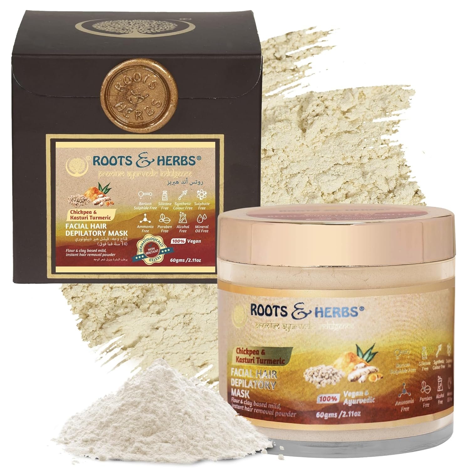 Chickpea & Kasturi Turmeric Facial Hair Removal Powder – For Men & Women, Chin, Jawline & Upper Lips – Depilatory Mask with Ayurvedic Herbs – Roots & Herbs, 2.11oz