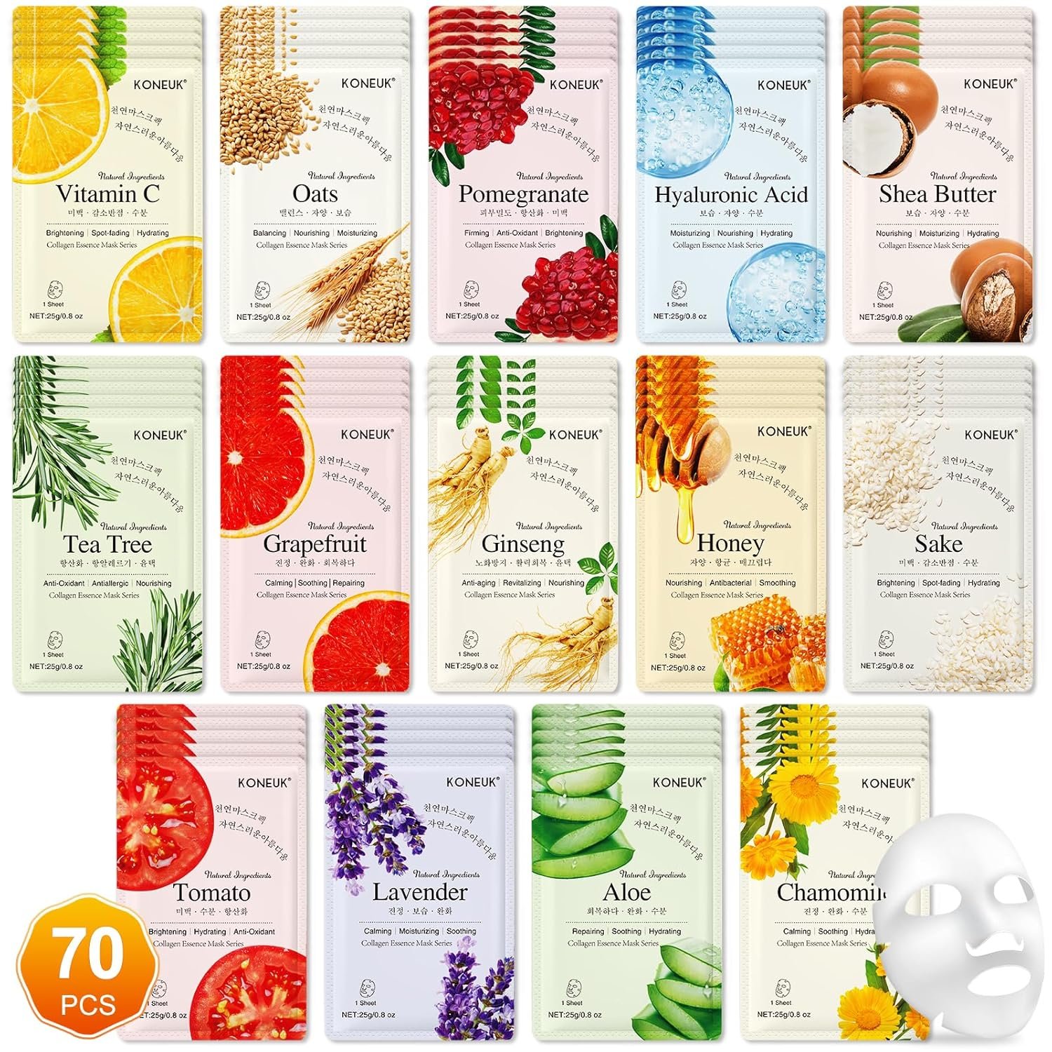 KONEUK 70 Pack Sheet Face Masks Skincare, Hydrating Face Masks Suitable for All Skin Types, Bulk Facial Mask Gifts Set for Women Skin Care, Home Skincare Spa for Sensitive Skin