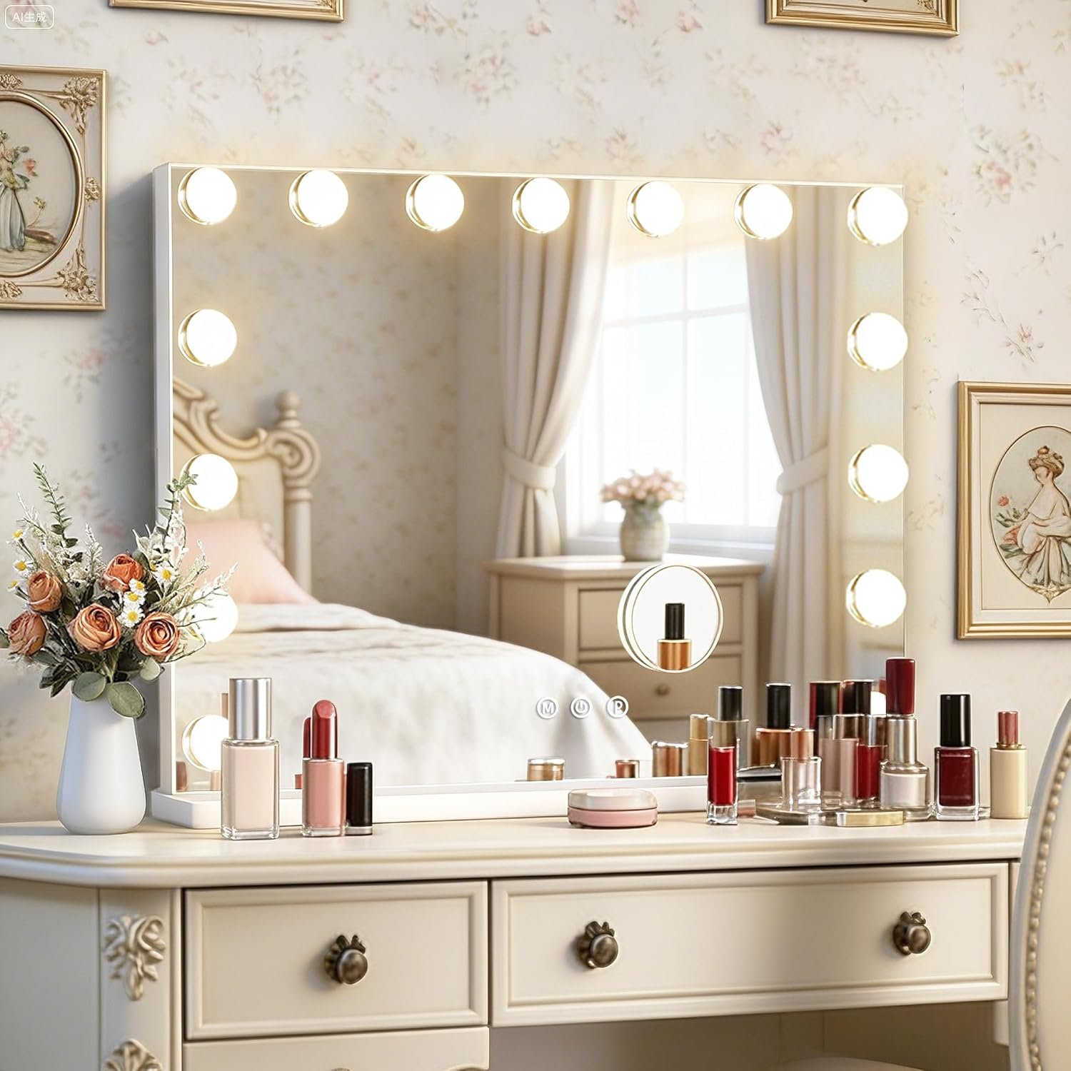 Ratsamee Hollywood Vanity Mirror with Lights, 23″ x 18″, 15 Dimmable Bulbs, 3 Color Lights, Make Up Lighted Mirror, USB Charging Port, Gifts for Women Wife Teengirls White