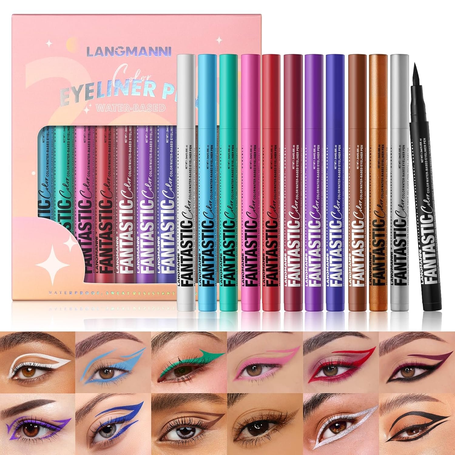 LANGMANNI 12 Colors Matte Liquid Eyeliner Set, Neon Colorful Pigmented With Long-lasting, Smudgeproof & Waterproof Eye Liner Makeup for Bold & Stunning Looks – Gift for Girls