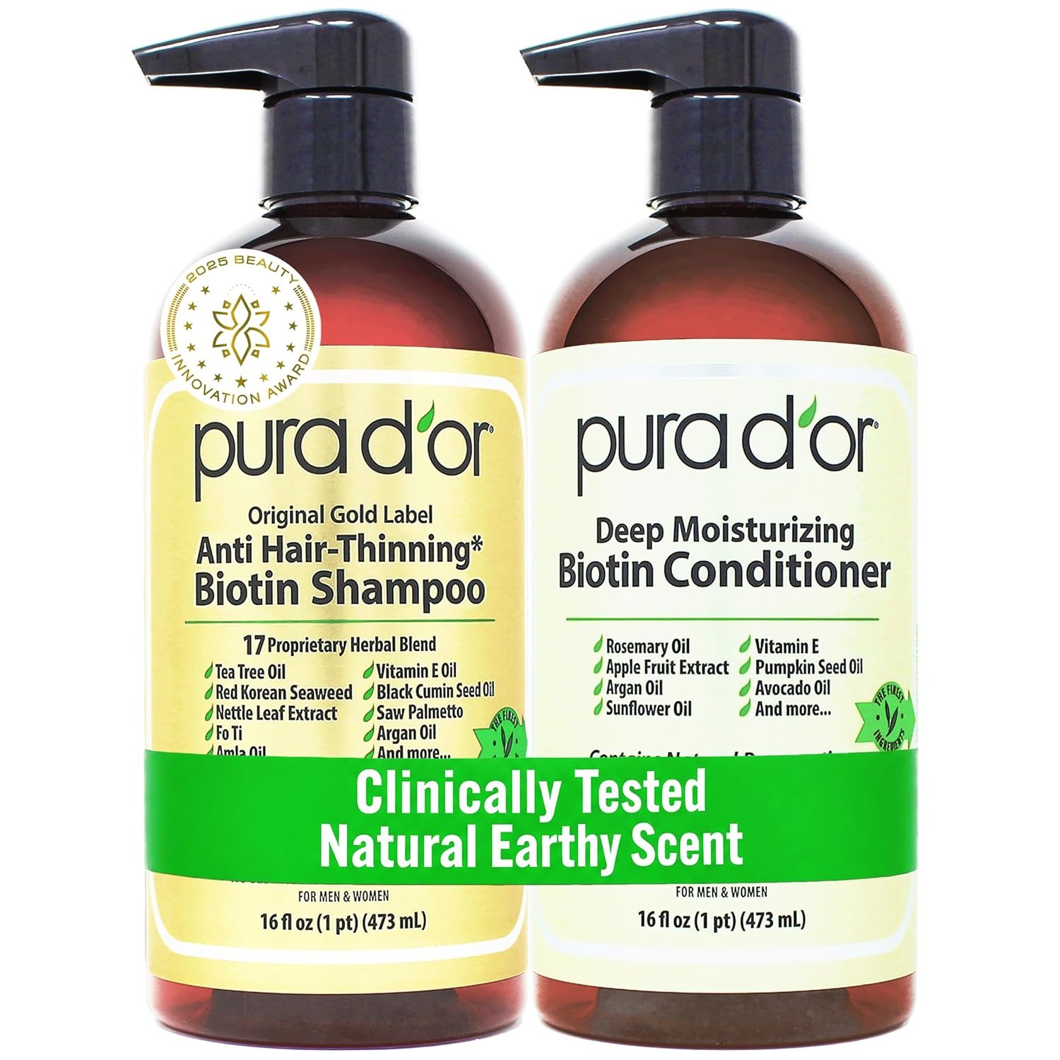 PURA D’OR Anti-Thinning Biotin Shampoo and Conditioner, CLINICALLY TESTED Effective Results, Herbal Blend Thickening Products For Women & Men, Original Gold Label Set, Natural Earthy Scent, 16oz x2 | Deep Moisturizing