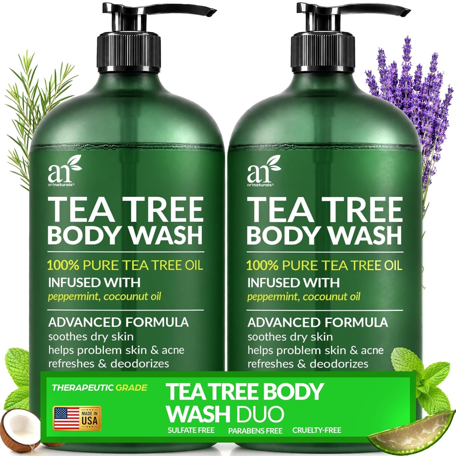Artnaturals Antibacterial Tea Tree Oil Body Wash For Men & Women Remedy Soap Extra Strength – Helps Treat Acne, Athletes foot, Eczema, Toenail Fungus & Jock Itch & Ringworm (16 Fl Oz (Pack of 2)