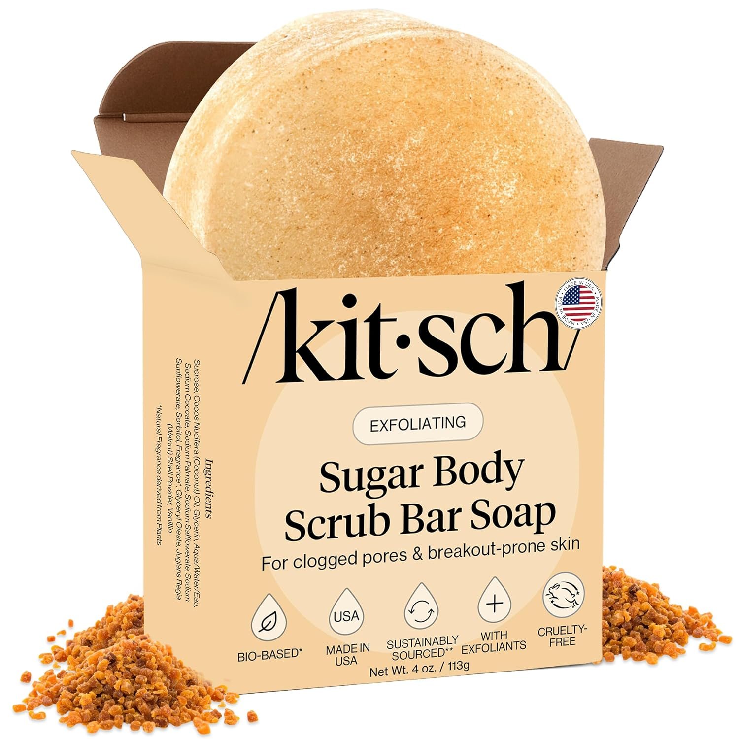Kitsch Exfoliating Sugar Body Scrub Bar Soap – Polishing Soap Bar with Granules, Walnut Shell & Coconut Oil – Hydrating Exfoliating Body Scrub for Smooth, Glowing Skin Care – Made in the USA – 4 oz