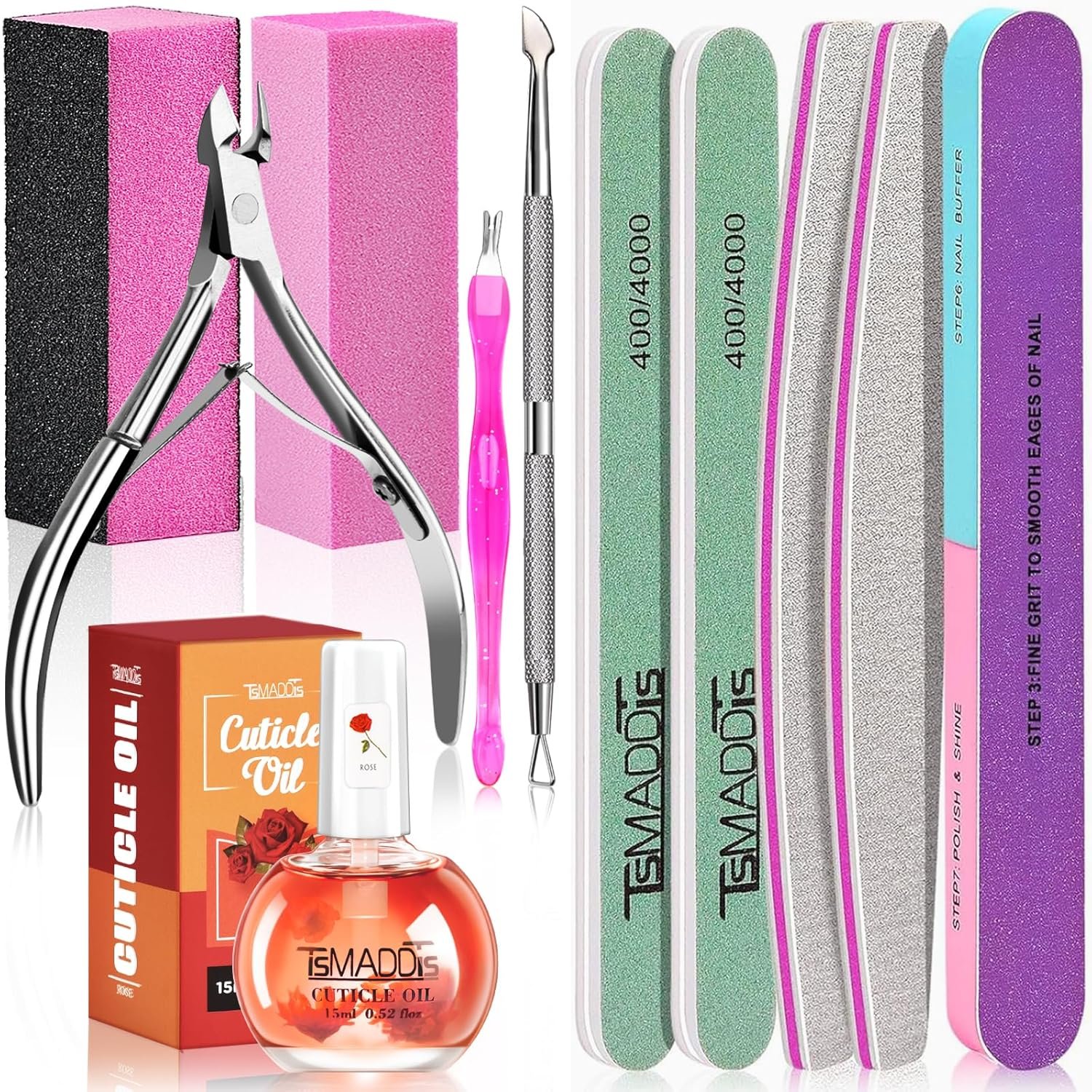 TsMADDTs Manicure Tools Kit Nail Care Kit with 3 pcs Files, 2 pcs Buffer Blocks, 2 Polishing Buffers, Cuticle Nipper, Pusher and Cuticle Oil