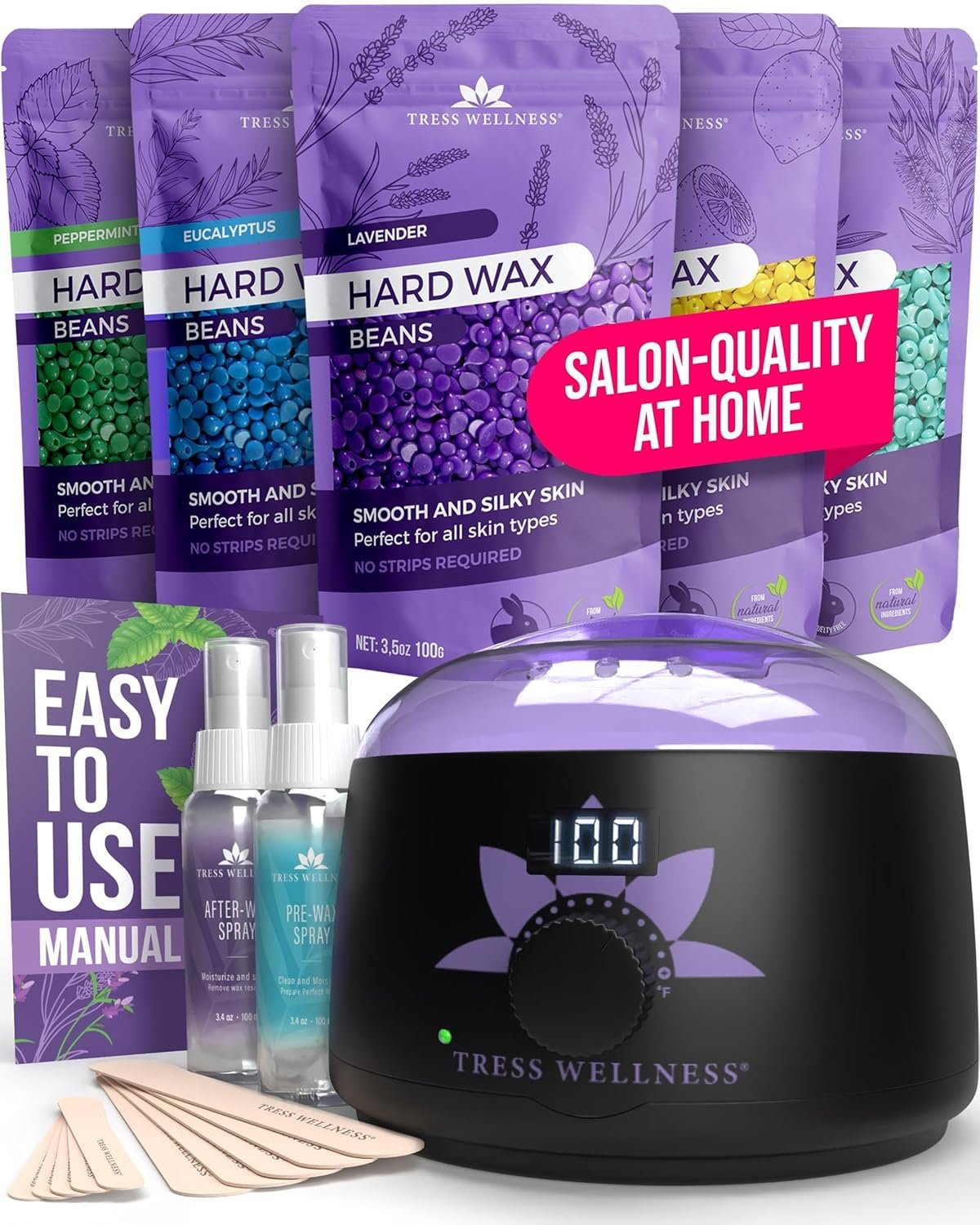 Tress Wellness Award Winning Waxing Kit for Sensitive Skin, Safe for Face & Skin, Easy to Use, At-Home Kit for Face, Bikini, Brazilian & Full Body – Digital Display, Black Purple Flower