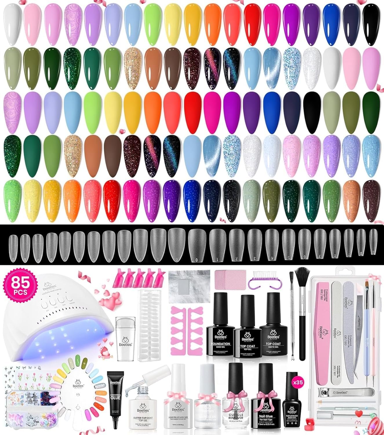 beetles 85 Pcs Gel Nail Polish Kit with UV Light – 35 Colors Gel Polish Set Travel Diary All in One Manicure Kit with Nails Tips and Base Top Coat Soak Off Home DIY Salon Gifts for Women Teens Girls