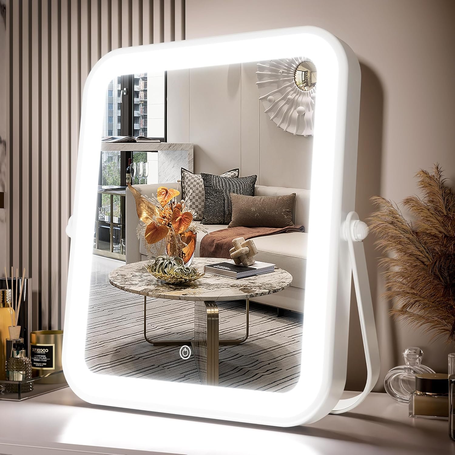 PRIMETEK Travel Makeup Mirror with Lights, Portable Small Beauty LED Vanity Mirror with Lights, Dimmable Touch Screen, Tabletop Folding Compact Mirror,Women Gift