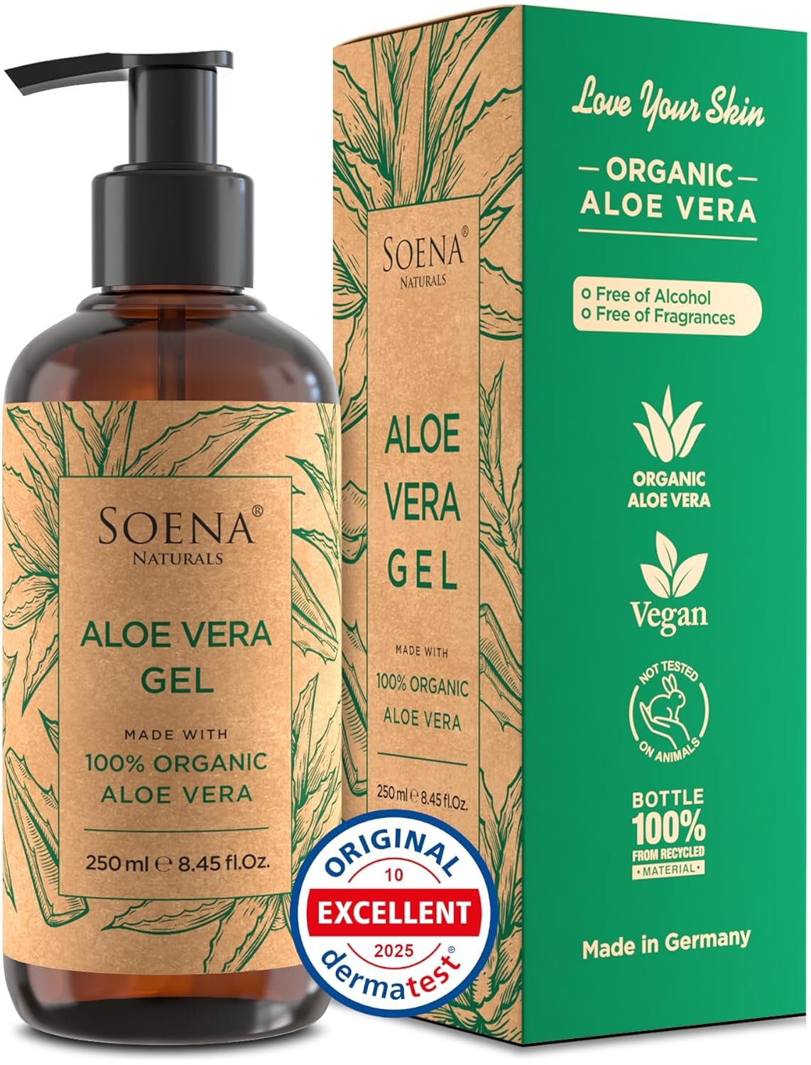 Soena Aloe Vera Gel Organic – FROM PURE ALOE LEAF JUICE – Vegan | 100% Natural & Unscented – Certified Organic – Made in Germany – Moisturizer – For Face, Skin, Hair, Sunburn relief