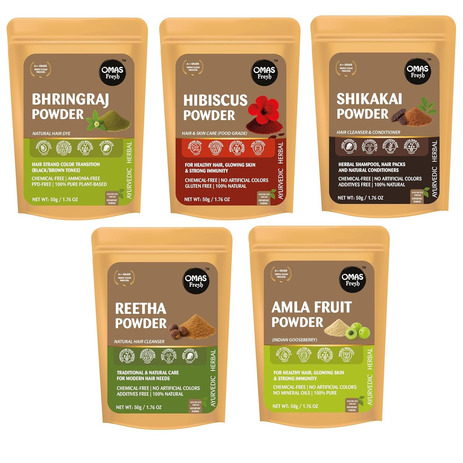 Ayurvedic Hair Powder Combo Bhringraj, Hibiscus, Shikakai, Reetha & Amla (5x50g,250g)| 100% Natural Herbal Hair Care Kit|Chemical-Free & Plant-Based Cleansing, Nourishing & DIY Hair Masks