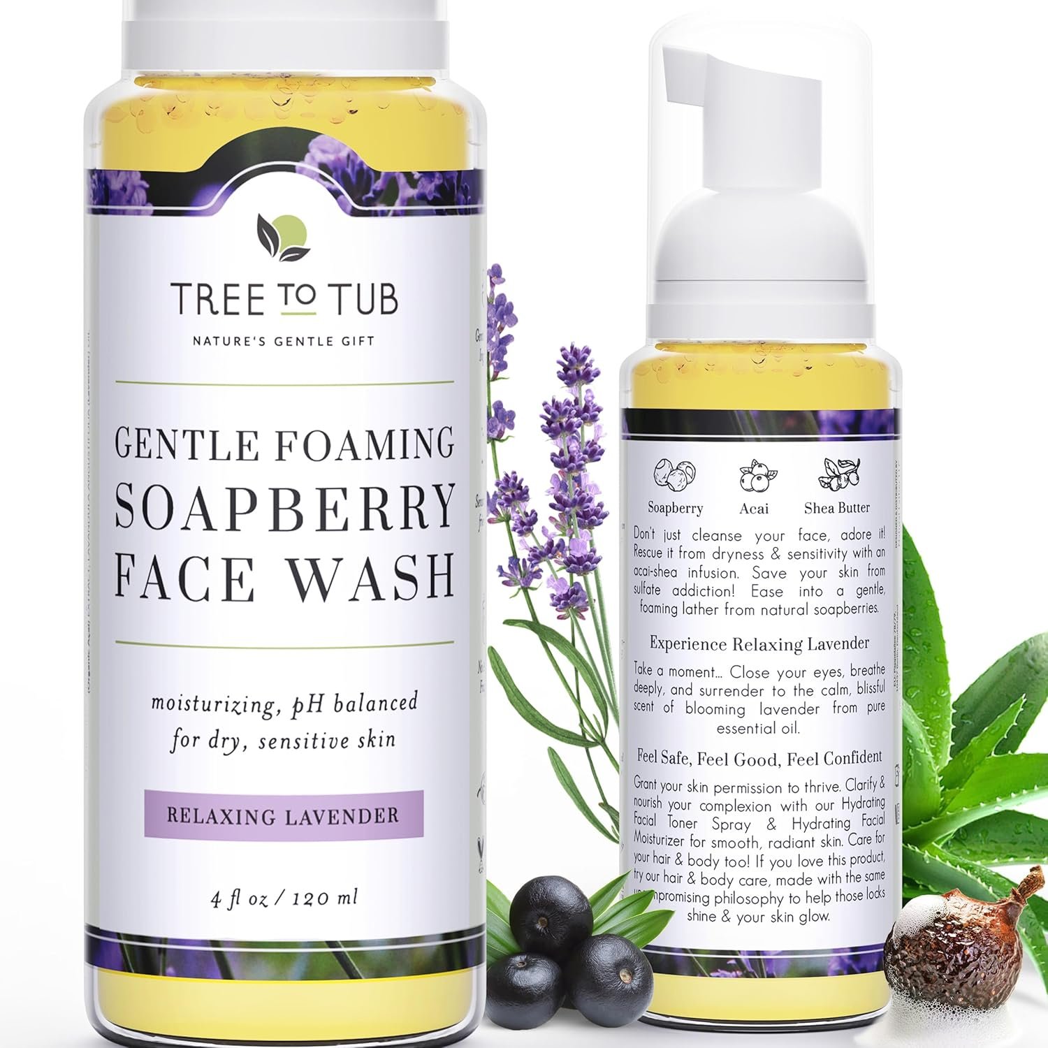 Tree to Tub Sensitive Skin Face Wash for Dry Skin – Moisturizing Gentle Face Cleanser for Women & Men, Hydrating Foaming Facial Cleanser, Daily Face Soap w/Organic Aloe Vera, All Natural Lavender Oil