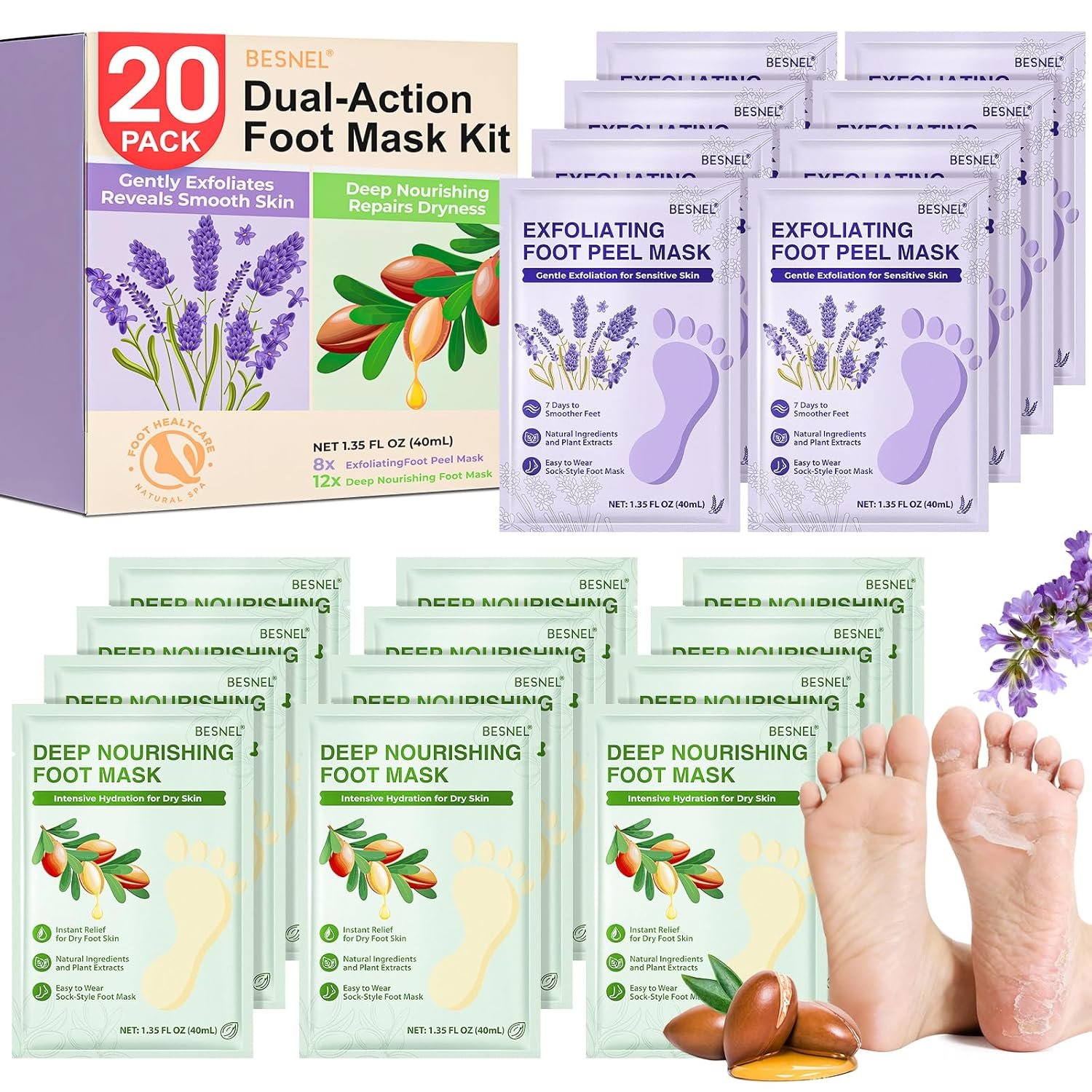 BESNEL 12Pack Moisturizing＆8Pack Foot Peeling Foot Mask, Teacher Appreciation Gifts, Hydrating Foot Masks Dry Cracked Feet,Soothing Moisturizer Socks Repair Rough Heels＆Baby Soft Feet(20p)
