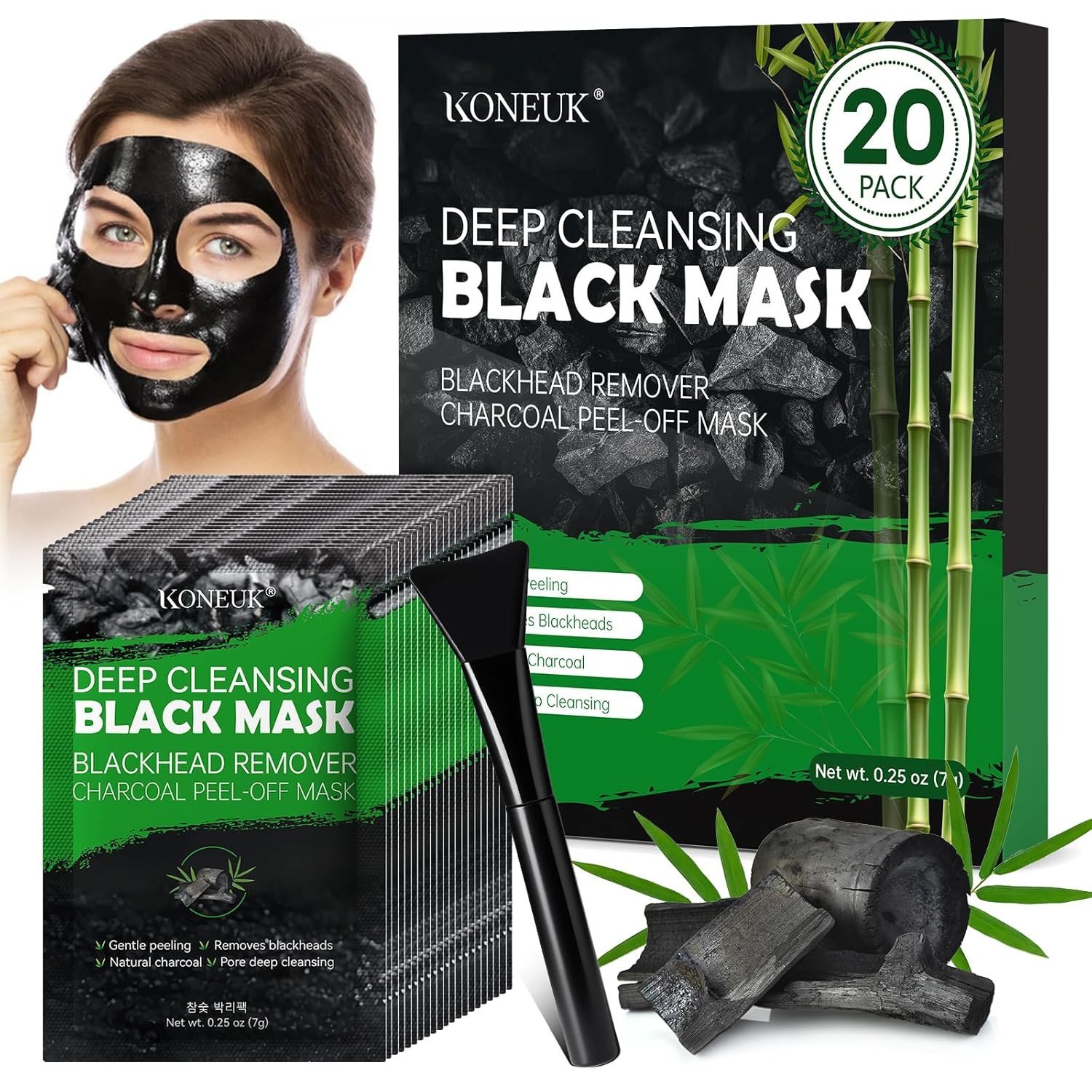 KONEUK 20 Pack Blackhead Remover Mask Set, Charcoal Peel Off Black Face Mask with Brush, Blackhead Pore Acne Remover for Face and Nose, Deep Cleansing for Men and Women