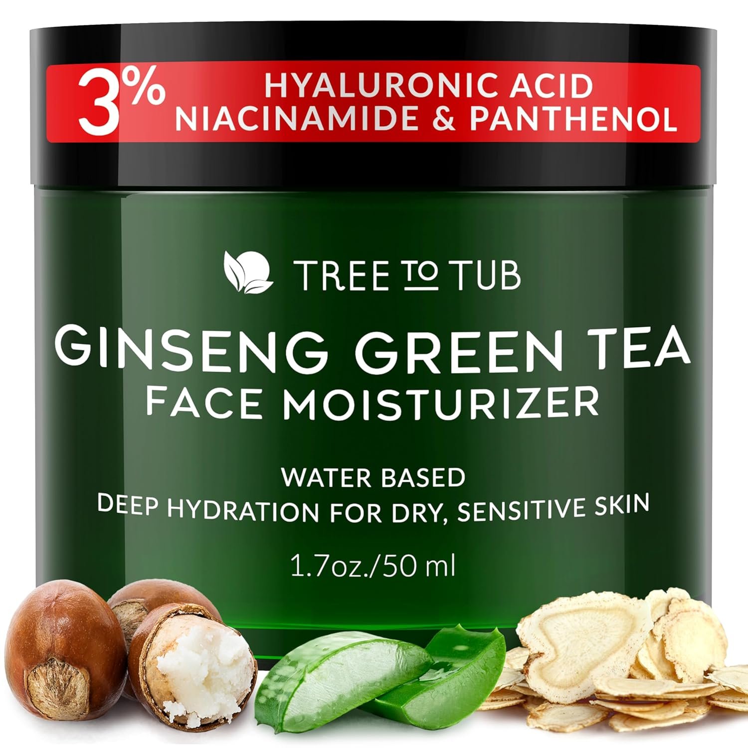Tree To Tub Hydrating Face Moisturizer for Dry & Sensitive Skin – Water Based Hyaluronic Acid Facial Moisturizer, Moisturizing Face Cream for Women & Men w/Organic Aloe, Green Tea, Natural Ginseng