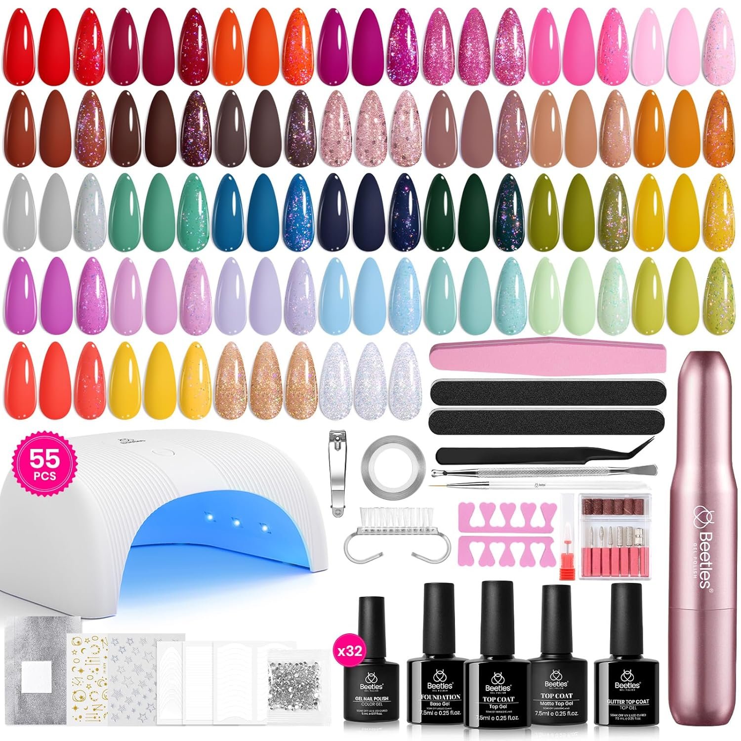 Beetles Gel Nail Polish Kit with U V Light and Nail Drill – 55Pcs Gel Nails Kit 32 Color LuliCore Polka Set with Base Top Coat Professional Manicure Set Home Salon DIY Gifts for Women