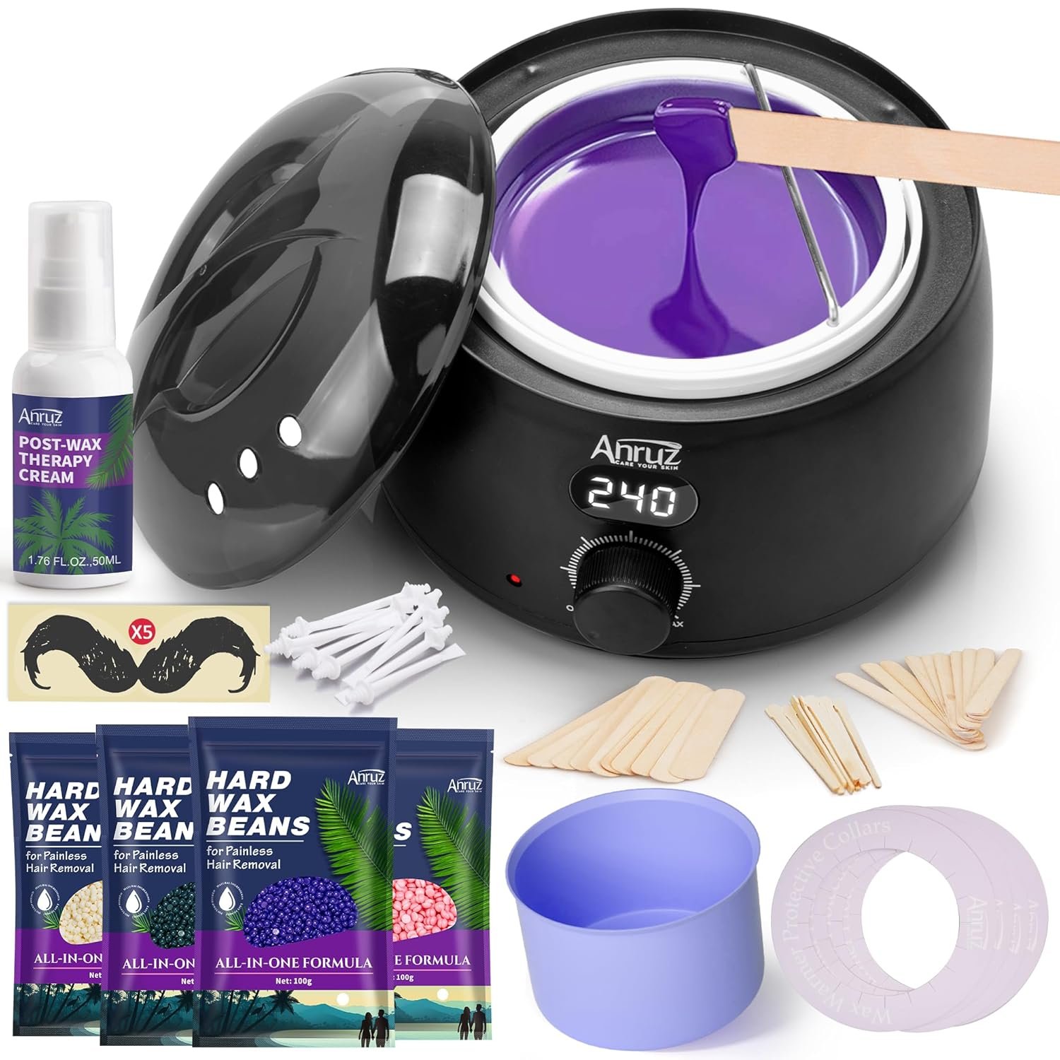 ANRUZ Waxing Kit for Women Men – Digital Wax Kit for Hair Removal with Post-Wax Cream, Silicone Bowl & 55 More Accessories, at Home Use Warmer for Body, Bikini, Eyebrow, Face, Sensitive Skin