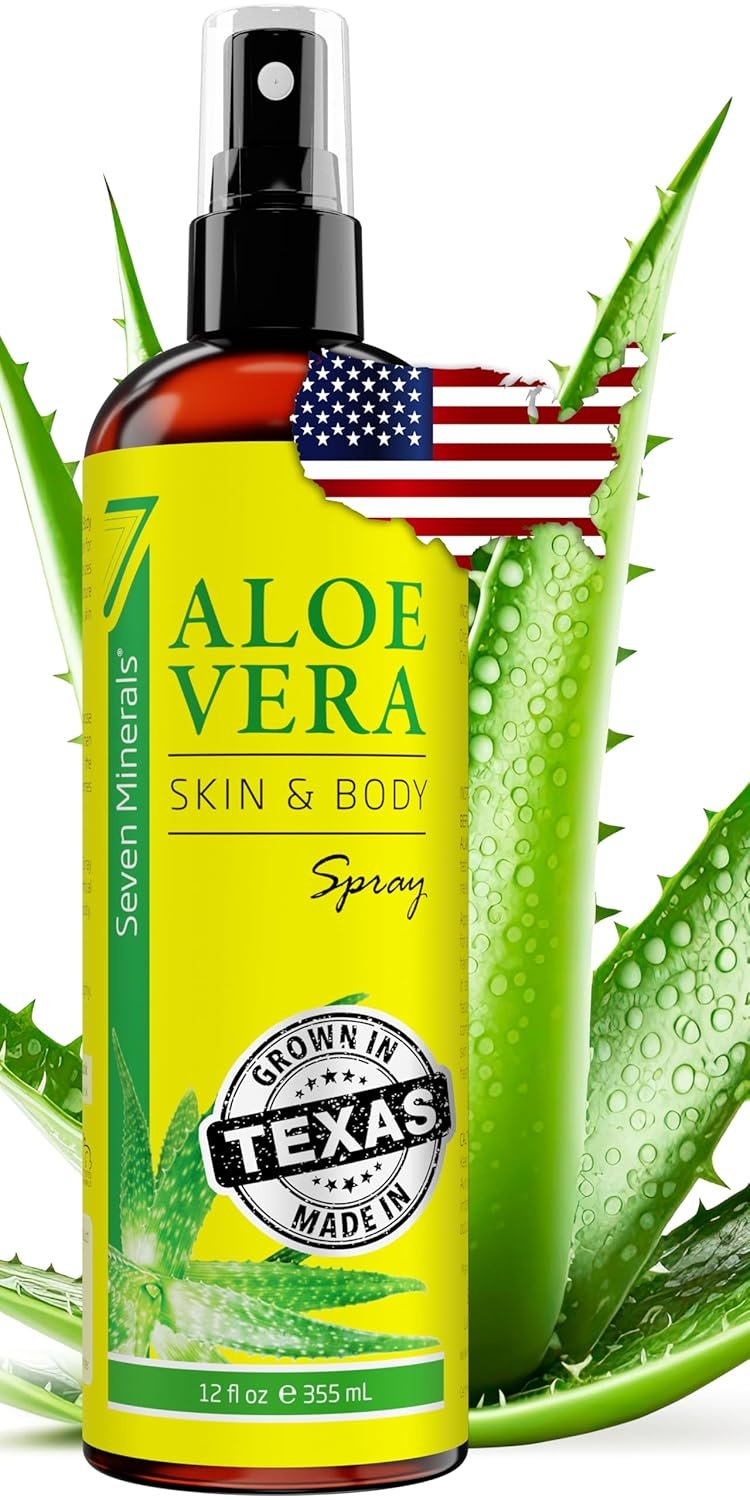 Seven Minerals, Organic Aloe Vera Spray for Body & Hair – From Freshly Cut Aloe Plant, Extra Strong, Easy to Apply, No Thickeners So It Absorbs Rapidly, No Sticky Residue – Made in USA (Big 12 fl oz)