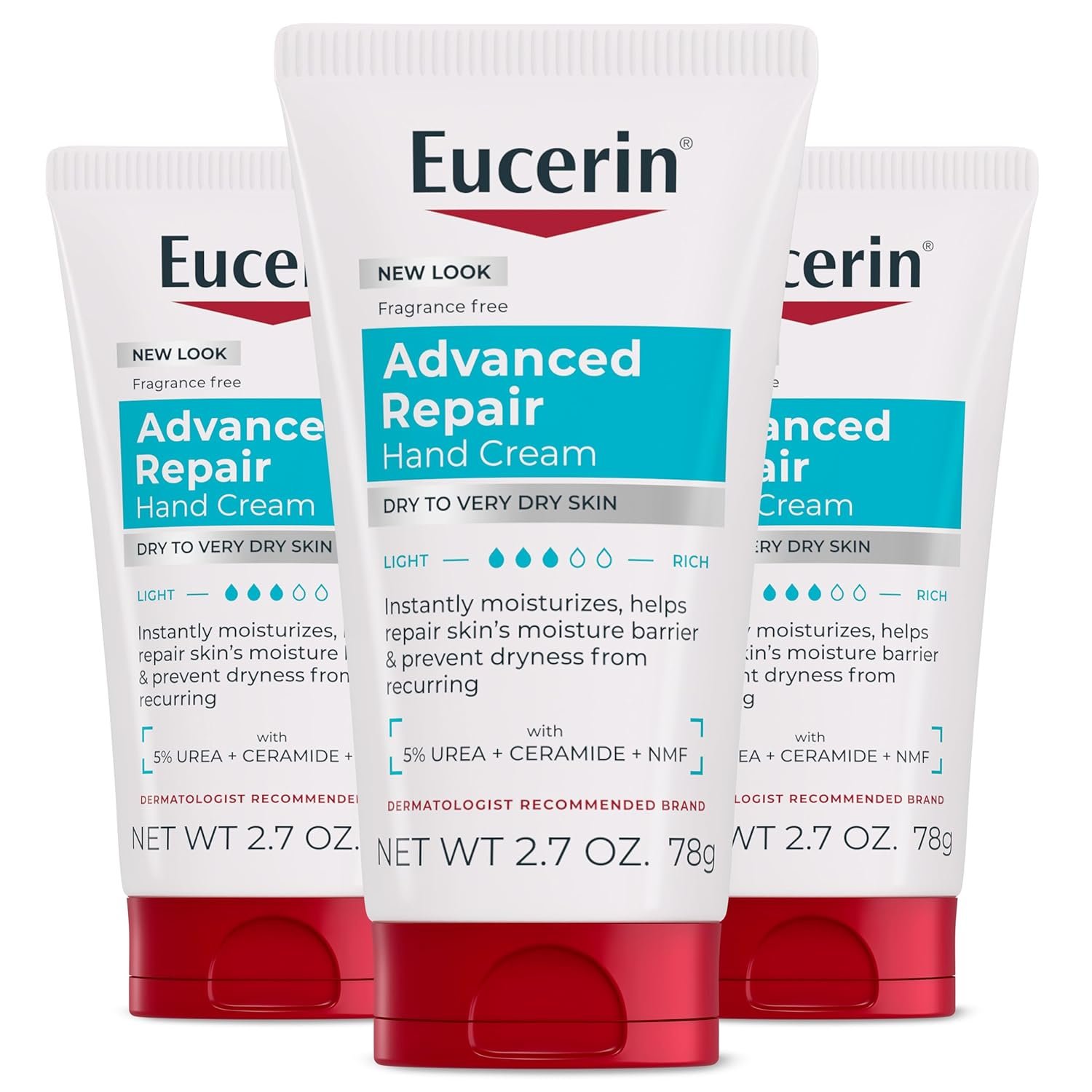 Eucerin Advanced Repair Hand Cream, Immediately Soothes and Repairs Very Dry Skin, Fragrance Free, Non Greasy, Fast Absorbing, Travel Size Hand Lotion, 2.7 Oz Tube, Pack of 3