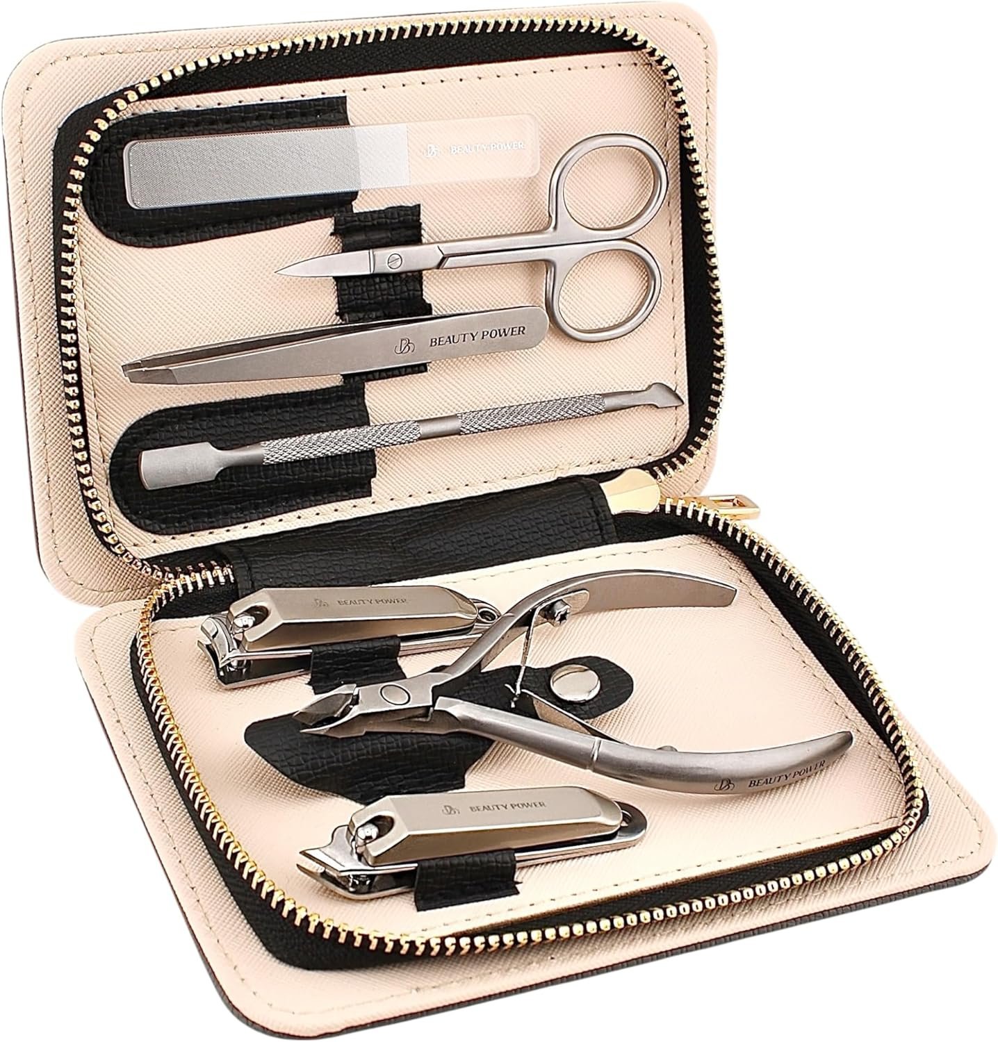 Beauty Power Manicure Pedicure Set 7-in-1 Stainless Steel, Ultra Sharp, Slanted Nail Clipper, Fingernail Clipper, Cuticle Nipper, Glass Nail File, Eyebrow Tweezers, Scissors, Case – Gift Idea – Gray