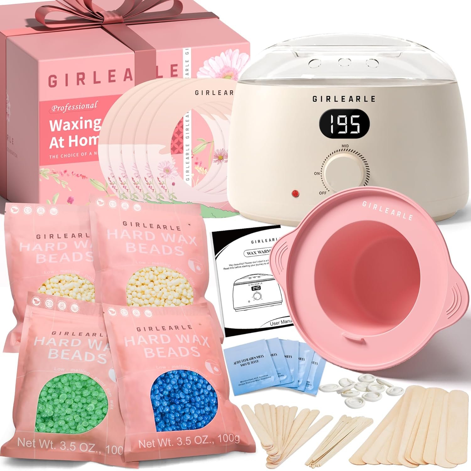 GIRLEARLE Premium Digital Waxing Kit for Women and Men, Wax Warmer Hair Removal at Home with Wax Beads & Silicone Pot, Target Different Types of Sensitive Skin Brazilian Bikini, Facial, Leg, Full body
