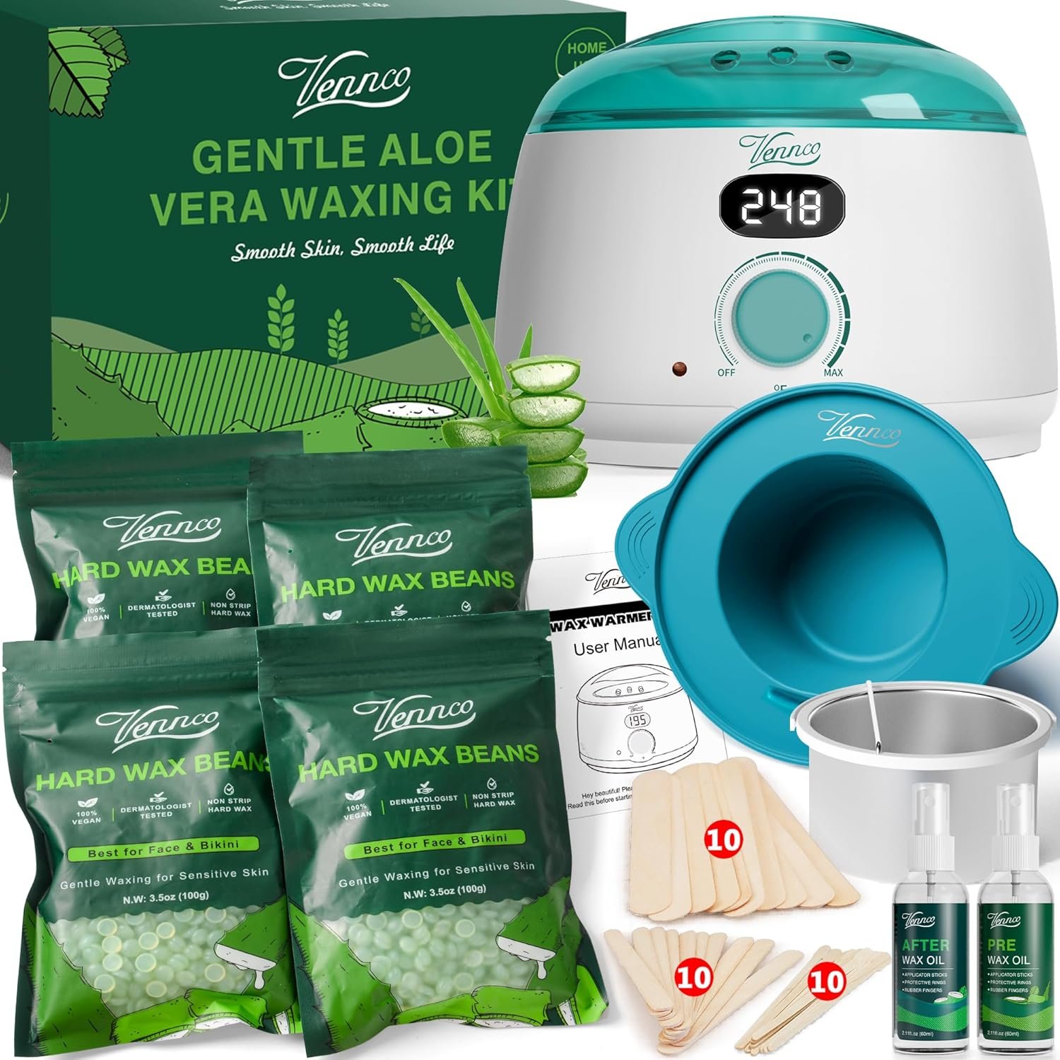 VENNCO Waxing Kit for Women Men – Premium Digital Wax Melt Warmer Kit for Sensitive Skin Coarse Hair Removal – 14oz Hard Wax Beads & Silicone Liner – for Bikini Brazilian Body Face Leg – Home Wax Kit
