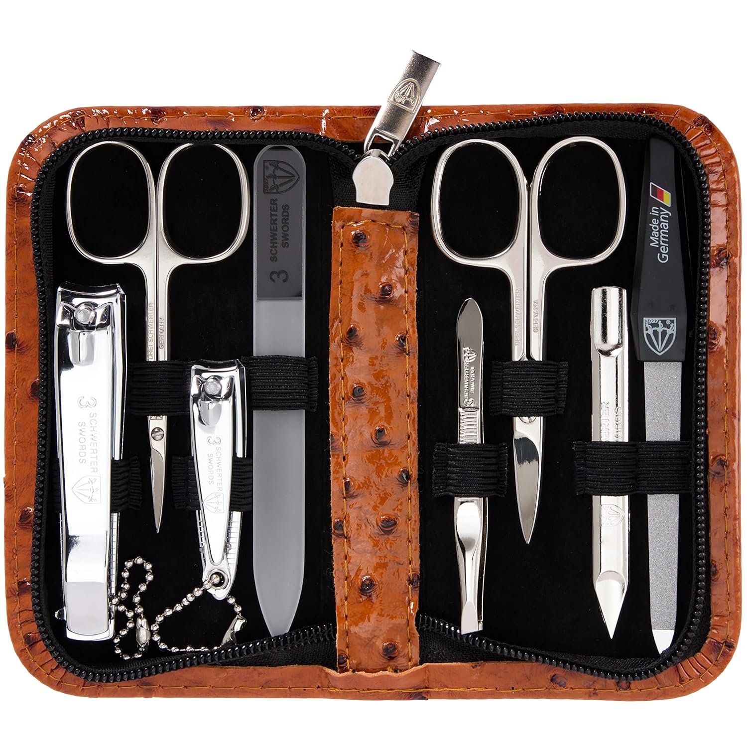 3 Swords Germany – brand quality 8 piece manicure pedicure grooming kit set synthetic leather case ostrich cognac – Made in Germany