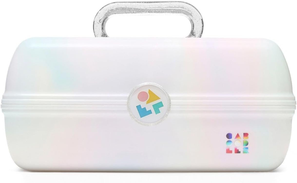 Caboodles On-The-Go Girl Makeup Box, White Opal, Hard Plastic Makeup Organizer Box, Built-In Mirror, Secure Latch for Safe Travel, Spacious Storage for Large Items
