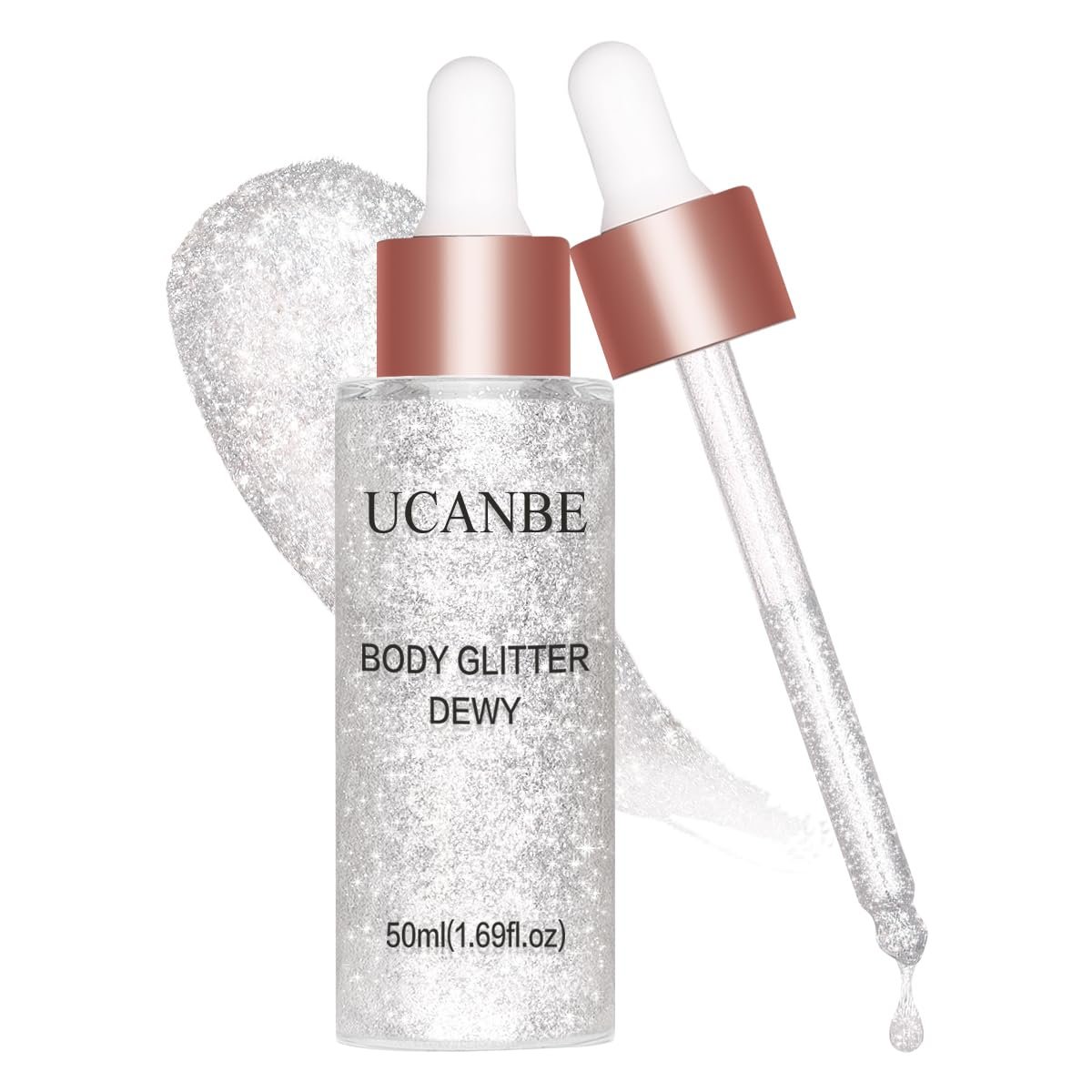 UCANBE Highlighter Makeup Drops Body Glitter Dewy Liquid Face Glow Shimmer for Women Holographic Luminizer Sparkles for Face (Silver Fairy White – 02)