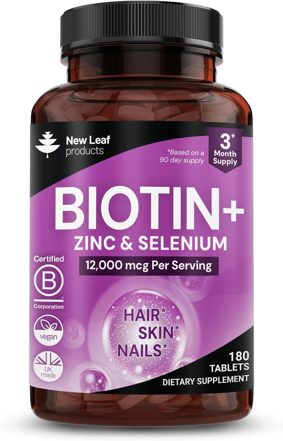Biotin Hair Skin and Nails Vitamins 12000mcg High Strength – Promotes Healthy Hair Skin & Nails – Biotin Vitamins for Women & Men Vegan, 3 Month Supply, 180 Tablets – Made in The UK by New Leaf