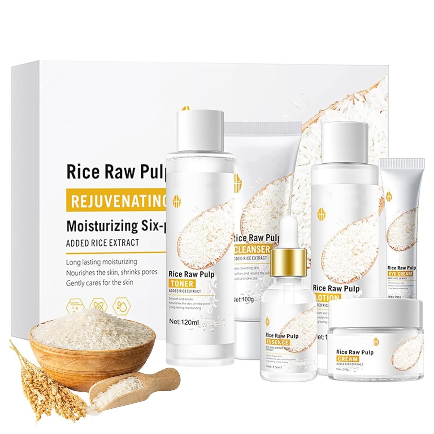 6PCS Rice Skin Care Sets, Moisturizing Face Skin Care Gift Set for Women Girls, Face Care Kit Inclusde Cleanser, Toner, Eyecream, Essence, Emultion, Face Cream (NEW-Rice)