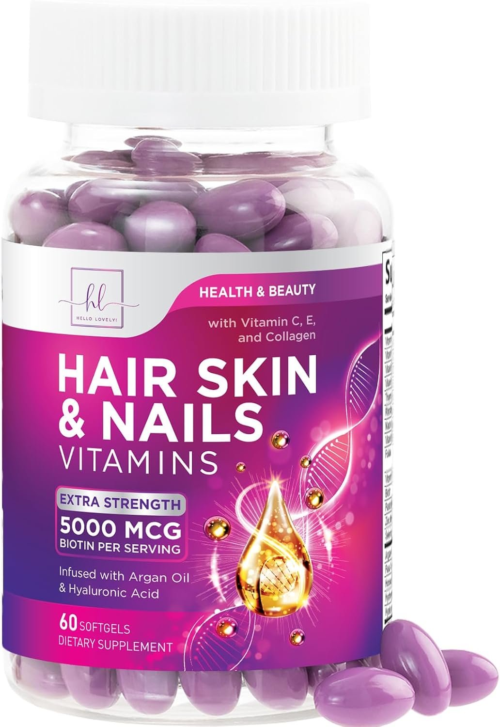 Hair Vitamins for Women for Hair Growth – Argan-Infused Supplement with Collagen, Biotin and Hyaluronic Acid – Supports Faster Hair Growth, Skin & Nails Beauty Vitamins, Bottled in USA – 60 Softgels
