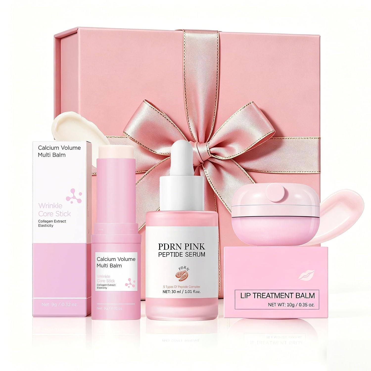 3-in-1 Pink Skincare Gift Set: PDRN Peptide Serum + Lip Balm + Eye Balm Stick, Anti-Aging, Hydrating & Brightening Kit for Women