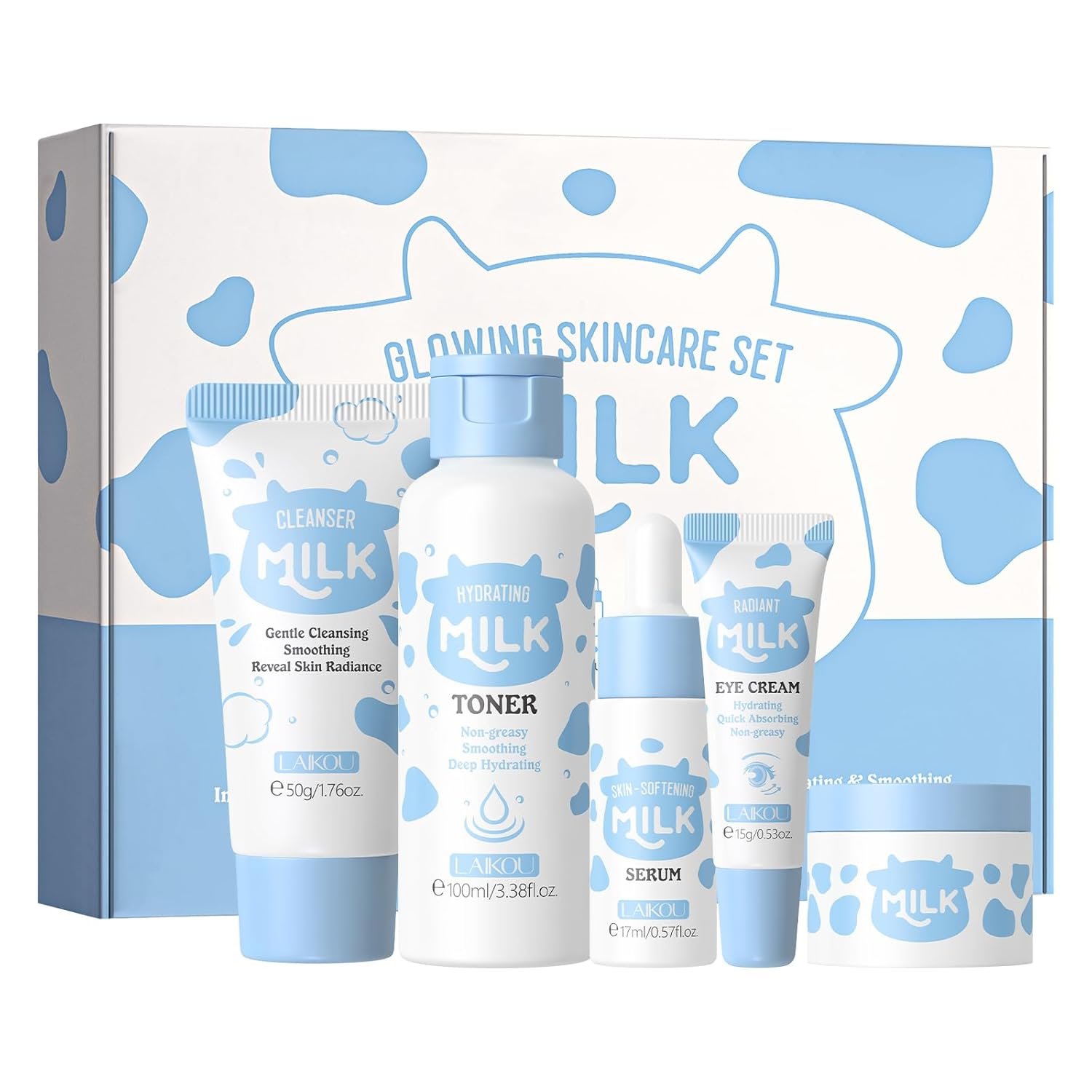 LAIKOU Skin Care Set, Skin Care Routine Kit for Women, Skincare Gift Set, Travel Size Toiletries with Milk Cleanser, Toner, Serum, Eye Cream, Face Cream Mother’s Day Christmas Birthday Daughter Wife