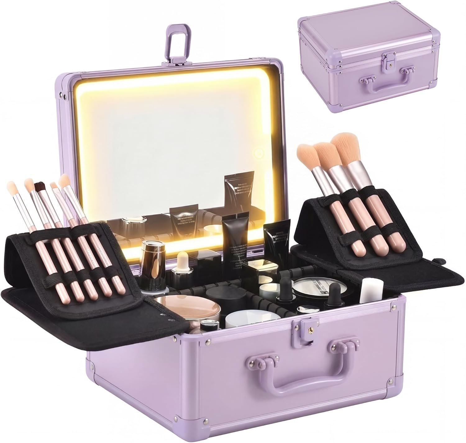 Makeup Case with Lighted Mirror, Makeup Box Organizer with Detachable LED Mirror, Travel Makeup Train Case, Waterproof Cosmetic Organizer, Standing Brush Holder, Gift, Purple